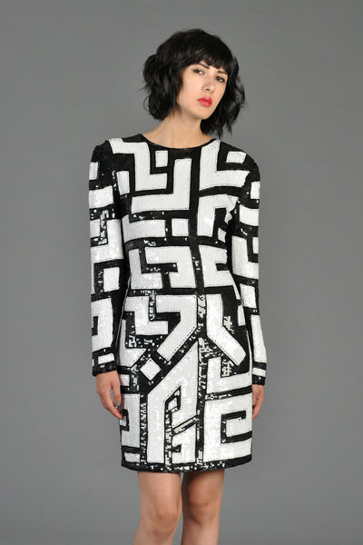 Black + White Sequin Encrusted Tetris Dress