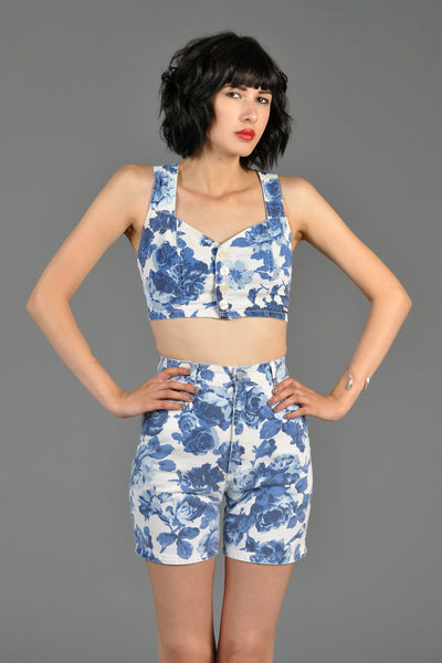 Blue + White Floral Denim Crop Top + Shorts Outfit