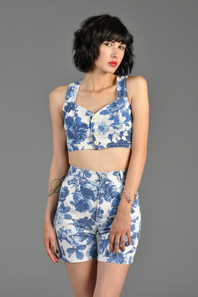 Blue + White Floral Denim Crop Top + Shorts Outfit