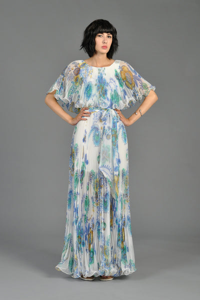 Pleated Chiffon Floral Cape Gown