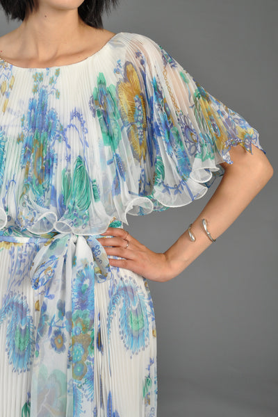 Pleated Chiffon Floral Cape Gown