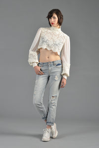 Sheer Lace + Gauze Button Back Crop Top with Blouson Sleeves