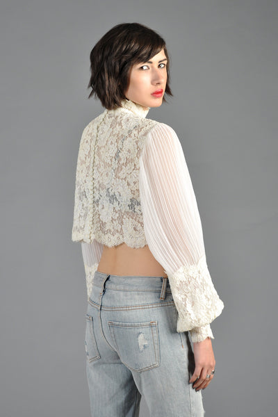 Sheer Lace + Gauze Button Back Crop Top with Blouson Sleeves