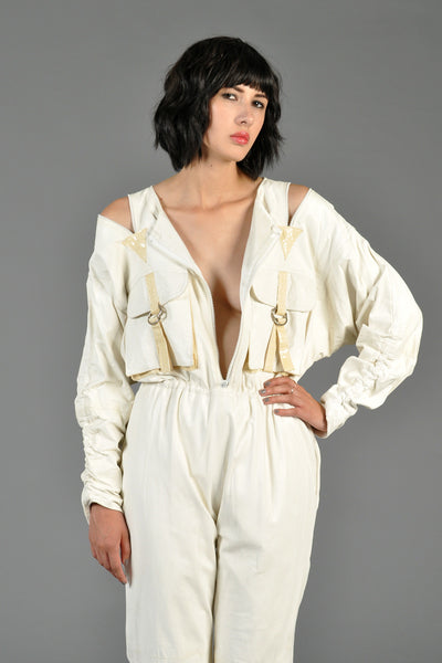 Avant Garde 1980s White Leather + Snakeskin Jumpsuit w/Cutouts