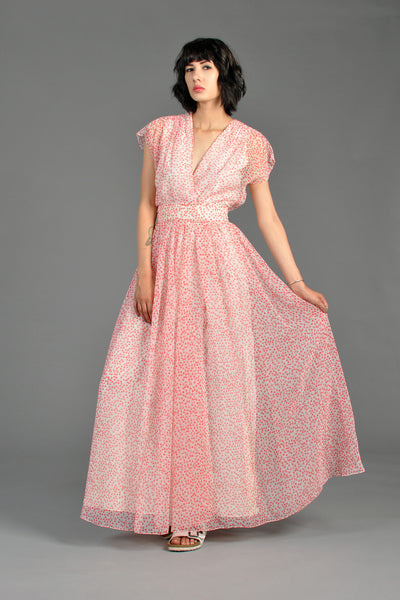 Pink + White Dotted 1970s Chiffon Maxi Dress