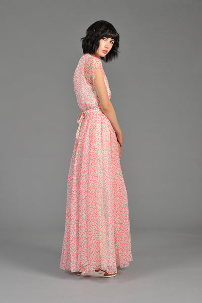 Pink + White Dotted 1970s Chiffon Maxi Dress