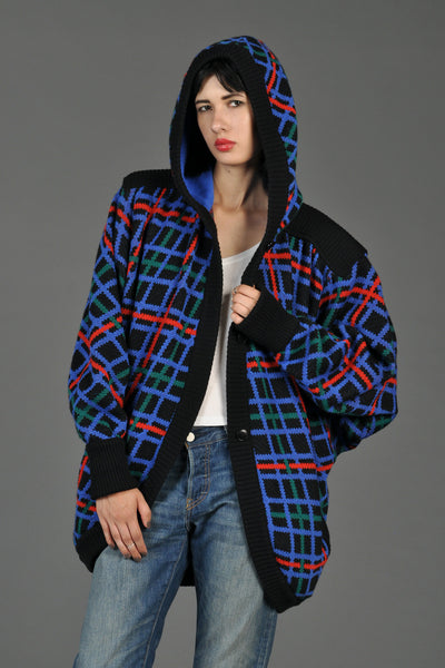 Yves Saint Laurent Vintage 1980s Plaid Knit Hooded Cocoon Jacket