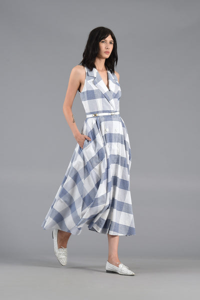Blue + White 1980s Grid Dress with Full Skirt