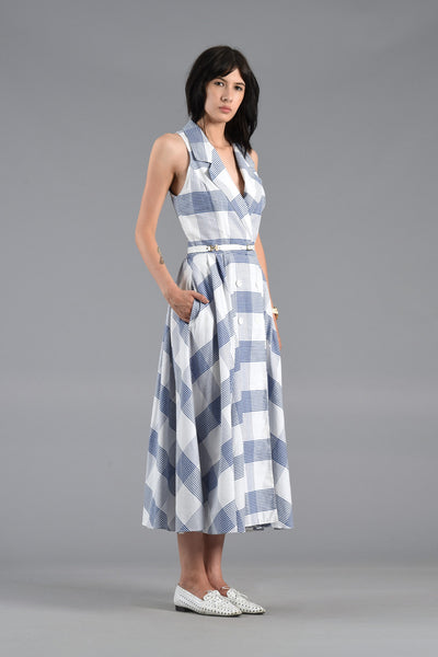 Blue + White 1980s Grid Dress with Full Skirt