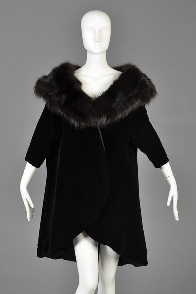 Mr Blackwell 1960s Velvet + Fox Fur Tapered Swing Coat