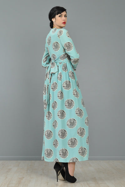 Bill Blass 1970s East-Asian Fish Silk Maxi Dress