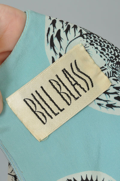 Bill Blass 1970s East-Asian Fish Silk Maxi Dress