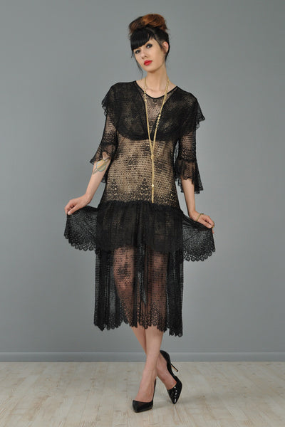 Shawl Collar 1920s Lace Flapper Dress