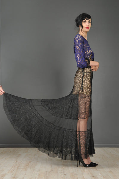 Violet + Black Sheer Lace 1930s Gown With Train