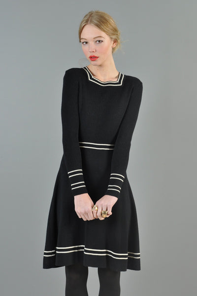 Black + White Rib Knit 1970s Dress