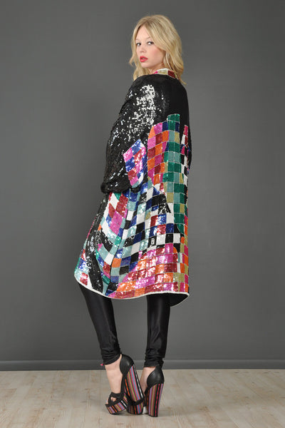 Rainbow Checkerboard Silk Draped Sequin Jacket
