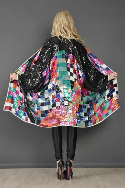 Rainbow Checkerboard Silk Draped Sequin Jacket