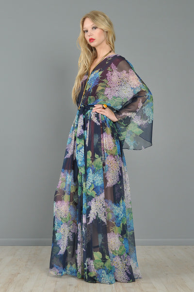 Kimono Sleeve Lilac Print Chiffon Maxi Gown