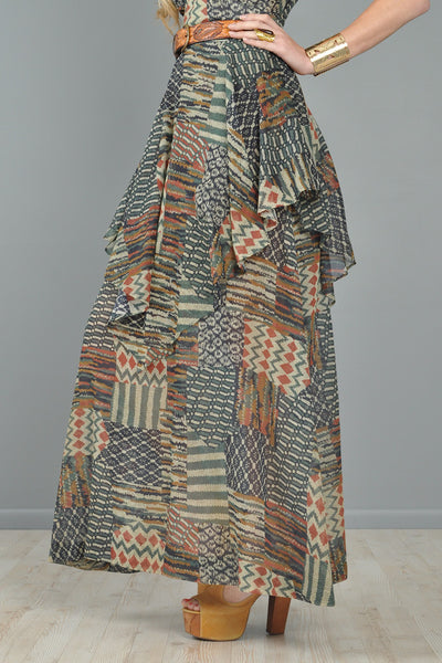 Ethnic Patchwork 1970s Gauze Tiered Maxi Dress