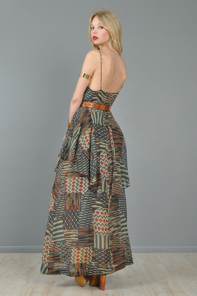 Ethnic Patchwork 1970s Gauze Tiered Maxi Dress