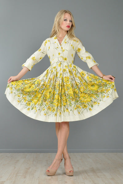Hand Painted Daisies 1950s Party Dress