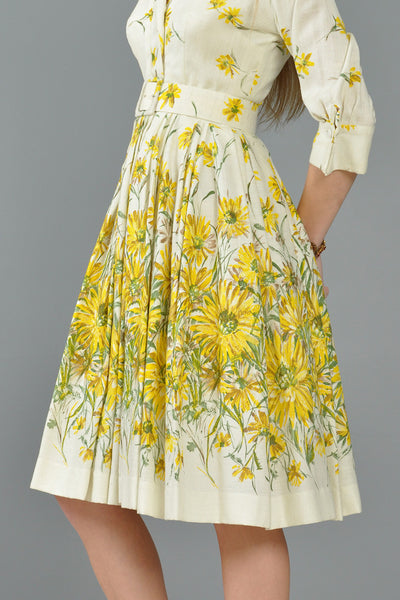 Hand Painted Daisies 1950s Party Dress