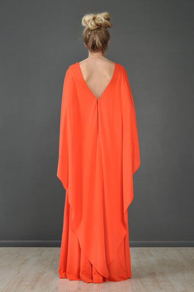 Estevez 1970s Poppy-Colored Cape-Backed Gown