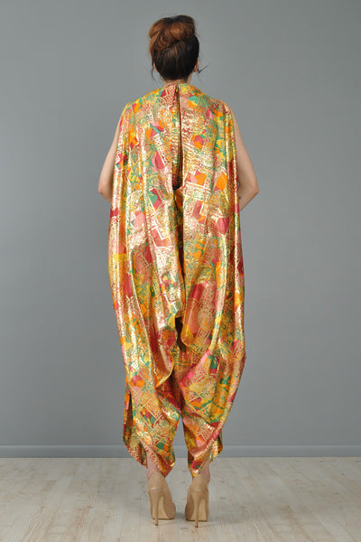 Opulent Silk Asian Brocade Cape-Back Jumpsuit