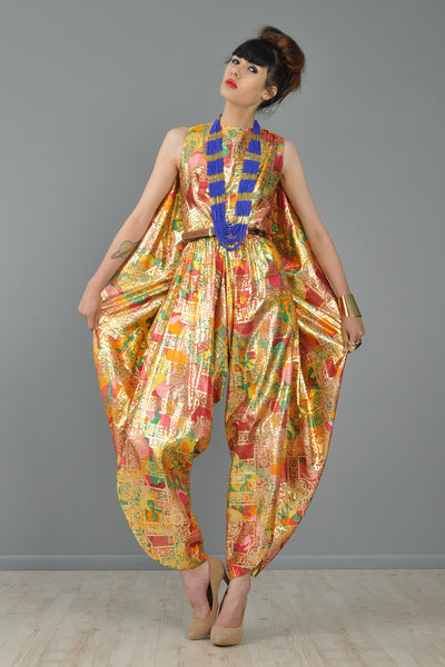 Opulent Silk Asian Brocade Cape-Back Jumpsuit