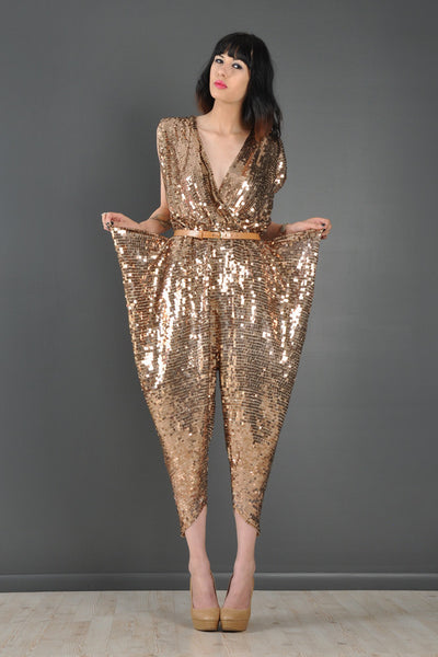 Sequin Encrusted Backless Draped Disco Jumpsuit