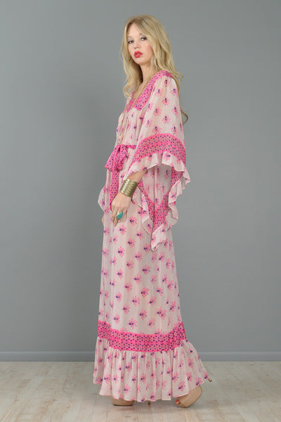 Angel-Sleeved Art Nouveau Silk India Maxi Dress