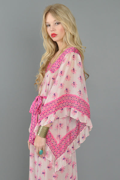 Angel-Sleeved Art Nouveau Silk India Maxi Dress