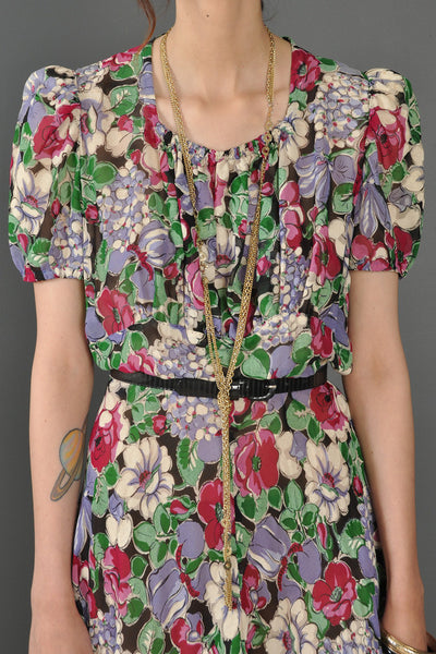1930s Puff-Sleeved Silk Voile Garden Dress