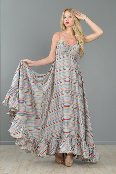 Rainbow Stripe Full-Sweep 1970s Maxi Gown