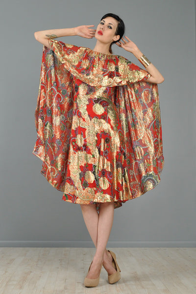 Silk Brocade Cape-Backed 1960s Cocktail Dress
