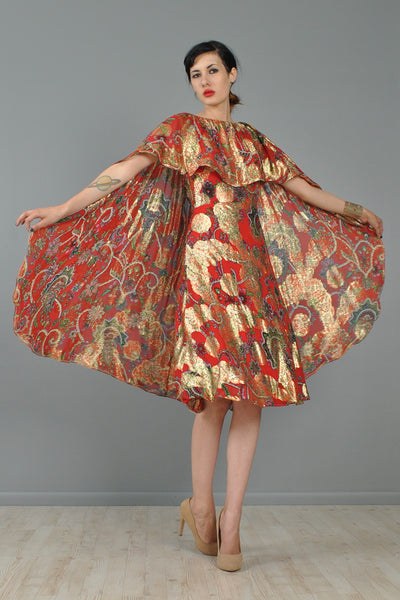 Silk Brocade Cape-Backed 1960s Cocktail Dress