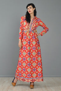 Ethnic 1970s Border Print Maxi Dress
