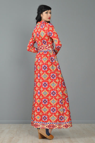 Ethnic 1970s Border Print Maxi Dress