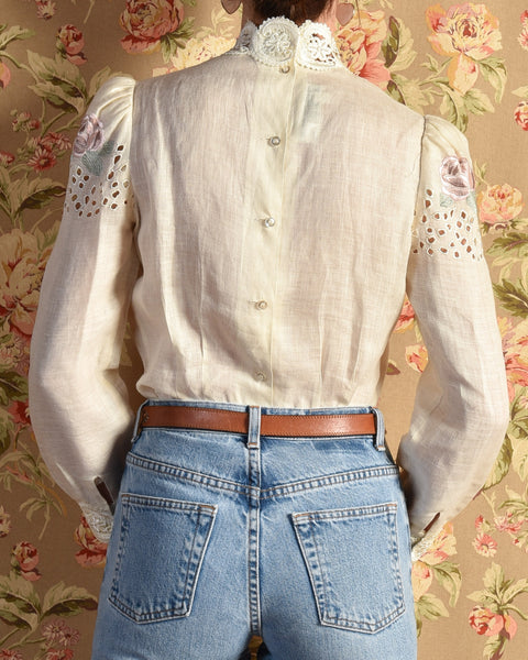 Lyra 1970s Embroidered Linen Blouse