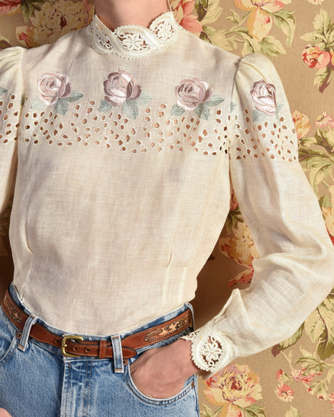 Lyra 1970s Embroidered Linen Blouse
